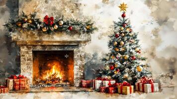 Watercolor holiday fireplace scene with soft, flowing colors and subtle decorations, creating a warm and artistic Christmas setting. Holiday fireplace video