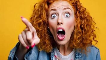 Lively young woman with a look of surprise pointing left against a yellow background, dressed in denim with a shocked expression. Copyspace video