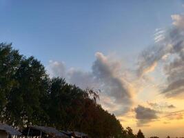 Sunset Sky with Trees and a Row of Thatched Roof Structures photo