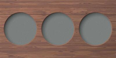 Cut timber panels mocha mousse tone with three of circle holes have cement texture loft style behind graphic illustration. vector