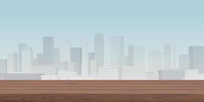 wooden counter mocha mousse tone have blank space for place the products presentation or advertisement with cityscape and blue sky background graphic illustration. vector