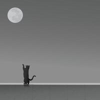 Black cat standing on cement barrier and try to reach out and grab the moon graphic illustration have blank space. vector