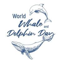Whale and Dolphin Day poster. Concept of the problem of preserving animal diversity in the ocean. linear drawing of a humpback whale and an orca. T-shirt print. vector