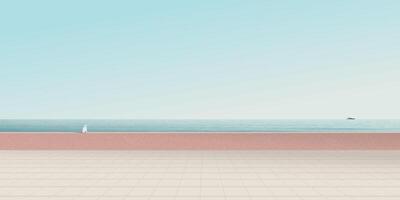 Minimalist seaside landscape with blue sky background have a cat sitting on cement barrier graphic illustration. vector