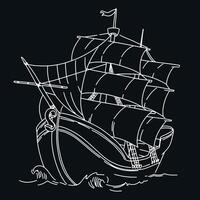 Ship sketch. White linear drawing on black background. Sailboat with raised sails sailing on waves. illustration. Sea vessel for retro design. vector