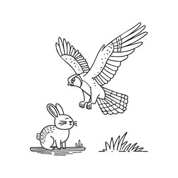 Falcon diving at rabbit in open field vector