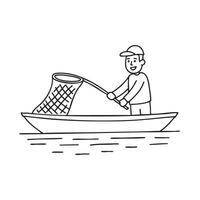 Fisherman pulling net full of fish vector
