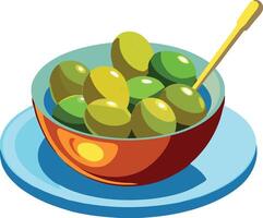 A bowl of olives with a spoon vector