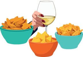 A hand holding a glass of wine and three bowls of chips vector