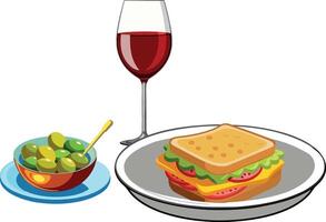 A plate with a sandwich and salad next to a glass of wine vector
