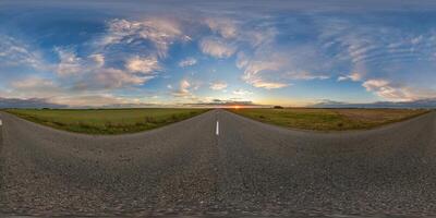 spherical 360 hdri panorama on asphalt road with clouds and evening sky before sunset in equirectangular seamless projection, as skydome replacement in drone panoramas, game development photo