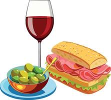 A sandwich and a glass of wine are shown vector