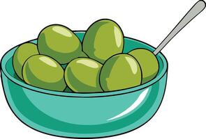 A bowl of green olives with a spoon vector