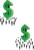 A group of people are standing around a dollar sign vector