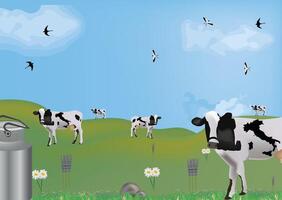 A cow is standing in a field with a can of milk vector