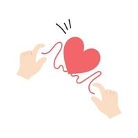 Pair of hands connecting a heart with a string, symbolizing emotional bonding vector
