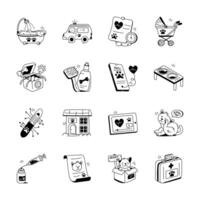 A set of simple, hand drawn icons depicting various aspects of pet care vector