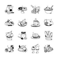 This image showcases a collection of various breakfast foods, depicted in a simple, black and white line art style vector