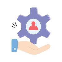 A gear held in a hand with a profile inside, symbolizing managing relationships vector