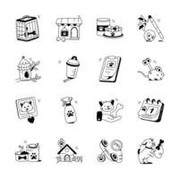 This set of simple black and white line art icons depicts various pet care and adoption related elements vector