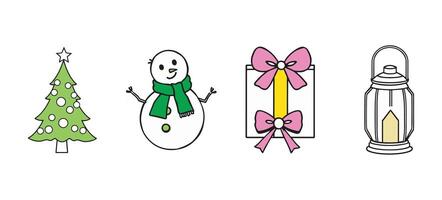 Festive icons featuring a Christmas tree, snowman, gift box, and lantern in a cheerful winter setting vector