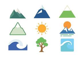 Nature icons representing mountains, ocean waves, sun, and trees in a minimalist style vector