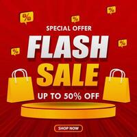flash sale banner with shopping bags and red background for web, social media vector