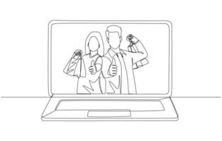 Continuous one line drawing of couple appearing on laptop screen holding paper bags and making thumbs up, online shopping with good response concept, single line art vector