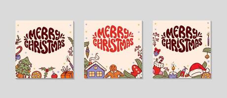 Christmas frame with lettering. For Social media square greeting post. Background with fir branches, gingerbread cookies, Christmas gifts and bells. Holidays templates set. doodle illustration vector