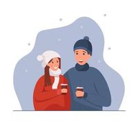 Characters. Man and woman in winter clothes. They are in love, drinking coffee and smiling. They are in kurtas and hats, blue background. Snowflakes are flying around. vector