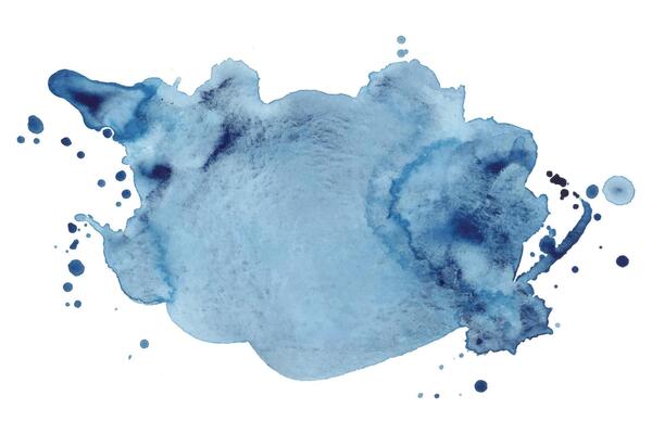Blue Aquarelle Splatter with Dynamic Ink Blots Isolated on White Background. Hand painted aquarelle splash with drops stains