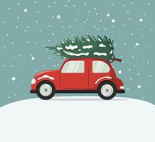 Red retro car with a Christmas tree on the roof. It is snowing. Holiday atmosphere. illustration for a postcard. vector