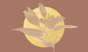 Stylized botanical line drawing lily flower outlined in gold and soft beige silhouette against a textured golden circle on solid brown backdrop. Ideal for wallpapers, prints, and elegant decor. vector