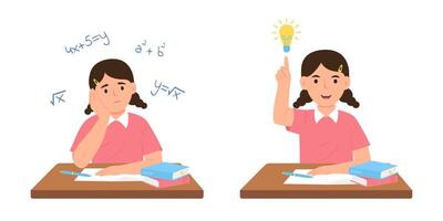 Child at his desk solving a math problem.Boy has a good idea to do homework, exam to test. vector