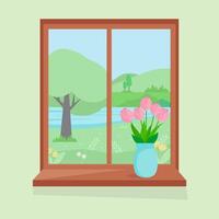 Spring window with view, Tulips in a vase. Pink flowers with leaves. Cozy illustration in flat style vector