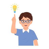 Happy cute boy with idea lamp sign. Child finding solution, having brilliant idea, lightbulb. Creative thought, inspiration. vector
