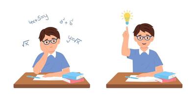 Child at his desk solving a math problem.Boy has a good idea to do homework, exam to test. vector