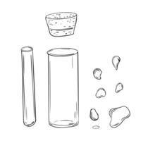 Glass flask with cork black white illustration on white. Transparent bottle, lab beaker, tube for essential oils and set of drops hand drawn linear for design label, package, wrapping paper. vector