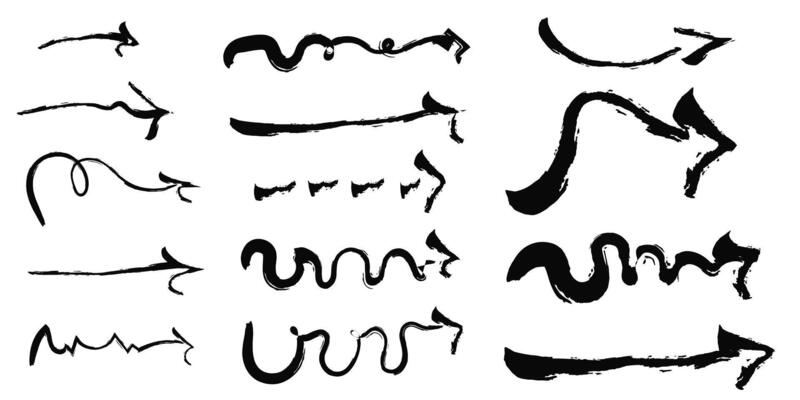 Hand drawn black arrows. Arrow collection made with paing brush. Each element isolated on white background.