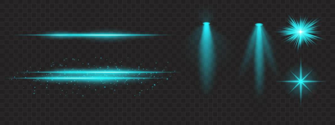 Blue light effects set. Glowing streaks, sparkles, spotlight beams, bright starbursts, warm illumination, decorative particles, radiant design, abstract modern lighting.