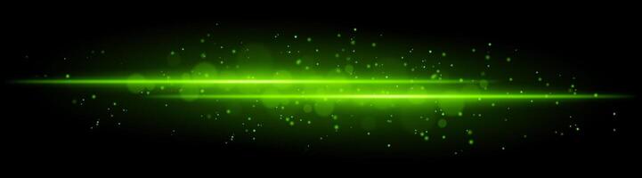 Green glowing line beam. Horizontal light beam with sparkling particles, radiant golden glow, abstract illumination, decorative lighting effect, warm and vibrant design vector