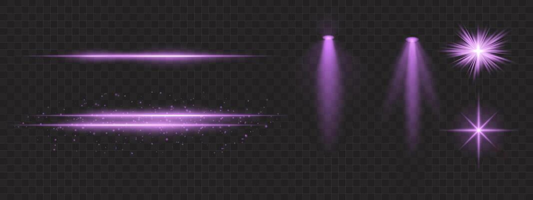 Purple light effects set. Glowing streaks, sparkles, spotlight beams, bright starbursts, warm illumination, decorative particles, radiant design, abstract modern lighting.