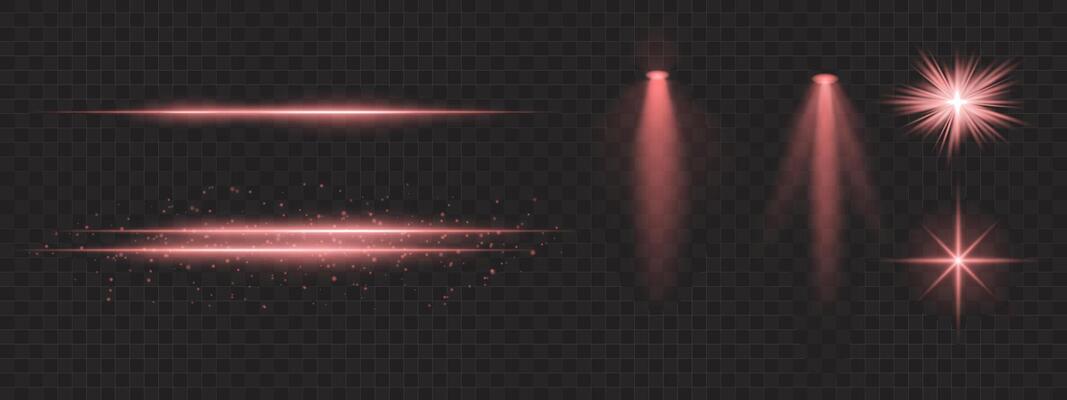 Red light effects set. Glowing streaks, sparkles, spotlight beams, bright starbursts, warm illumination, decorative particles, radiant design, abstract modern lighting.