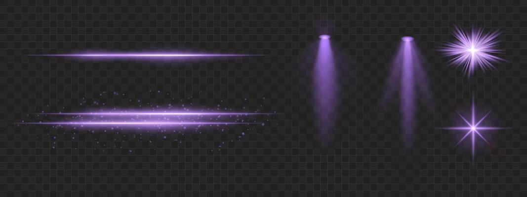 Purple light effects set. Glowing streaks, sparkles, spotlight beams, bright starbursts, warm illumination, decorative particles, radiant design, abstract modern lighting.