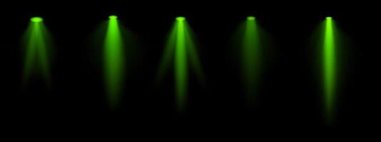 Green spotlight set. Multiple focused beams, ceiling-mounted lighting, bright white glow, stage illumination, modern lighting design, minimalistic decor, professional setup vector
