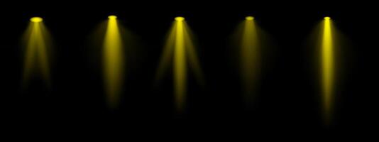 Golden spotlight set. Multiple focused beams, ceiling-mounted lighting, bright white glow, stage illumination, modern lighting design, minimalistic decor, professional setup vector