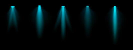 Blue spotlight set. Multiple focused beams, ceiling-mounted lighting, bright white glow, stage illumination, modern lighting design, minimalistic decor, professional setup vector