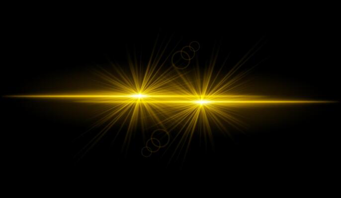 Dual golden starburst. Bright intersecting beams, glowing particles, radiant light effects, warm illumination, abstract lighting design, futuristic energy, decorative visuals