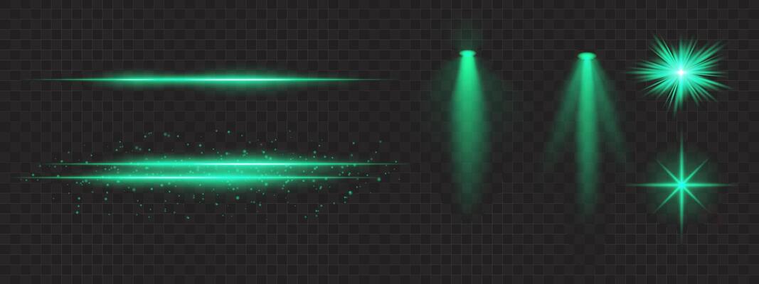 Green light effects set. Glowing streaks, sparkles, spotlight beams, bright starbursts, warm illumination, decorative particles, radiant design, abstract modern lighting.
