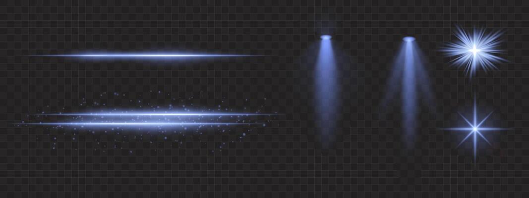 Blue light effects set. Glowing streaks, sparkles, spotlight beams, bright starbursts, warm illumination, decorative particles, radiant design, abstract modern lighting.